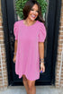 Corded Knit Crew Neck Puff Sleeve Shift Mini Dress